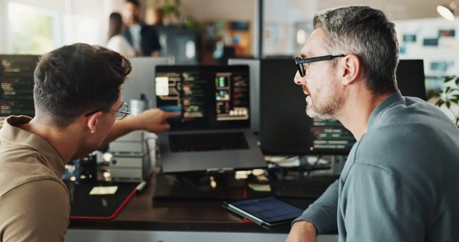 Man, developer and coding support on computer screen in office for testing web application and troubleshooting. Programming, employee or mentor with advice on developing software solution